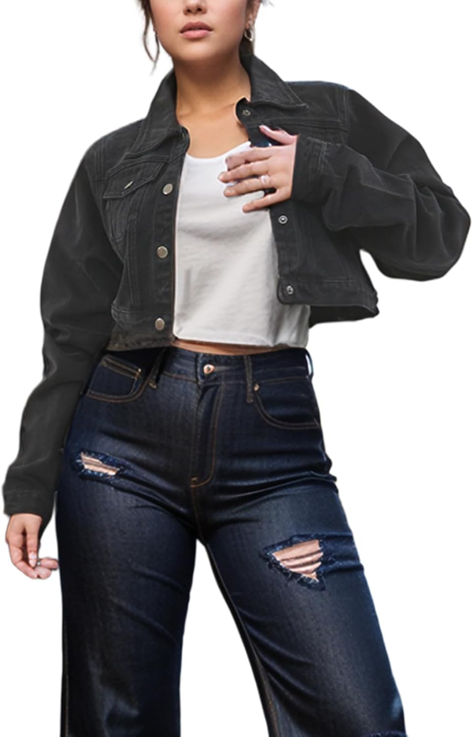 TodTan Women's Cropped Jean Denim Jackets - Distressed Frayed Hem Button Down Long Sleeve Casual Jacket Coat - Image 14
