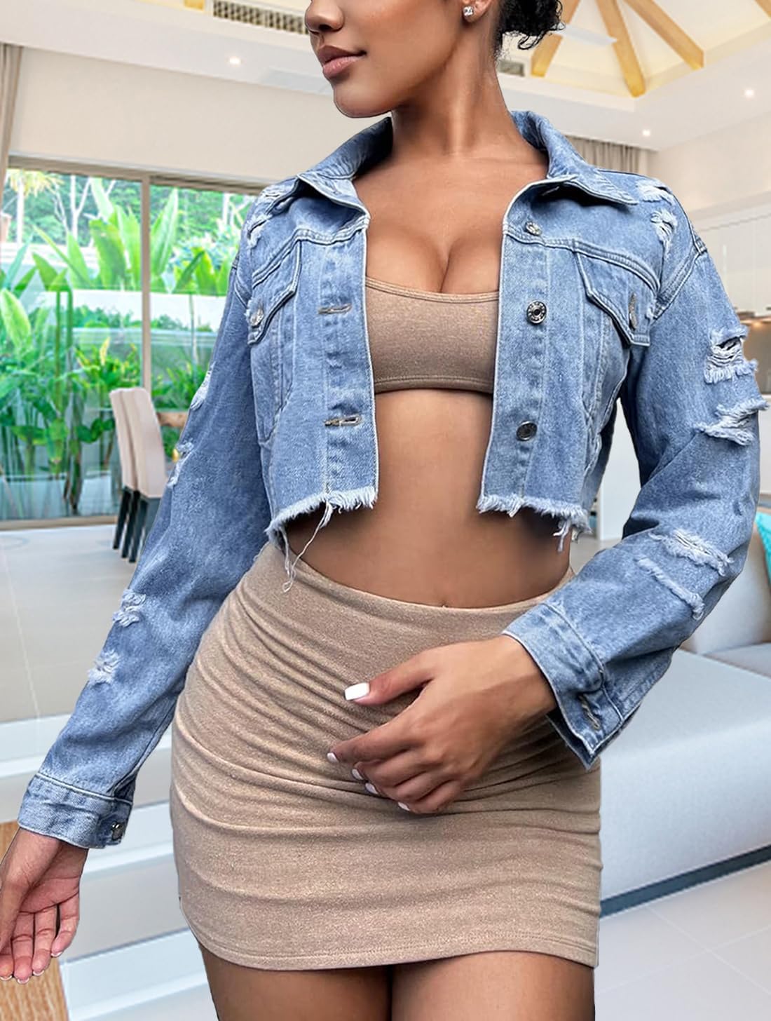 TodTan Women's Cropped Jean Denim Jackets - Distressed Frayed Hem Button Down Long Sleeve Casual Jacket Coat - Image 4