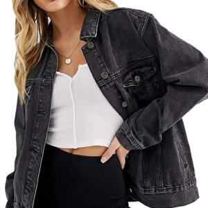 Tsher Women's Oversize Vintage Washed Denim Jacket Long Sleeve Classic Loose Jean Trucker Jacket D003