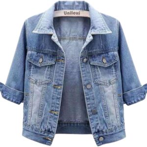 Unilexi Women's 3\/4 Sleeve Colored Cropped Denim Jacket Light Wash Short Jean Jacket Trucker Coat