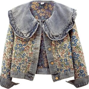 Unilexi Womens Peter pan Collar Embroidered Jean Jackets Long Sleeve Jacquard Versatile Denim Jackets