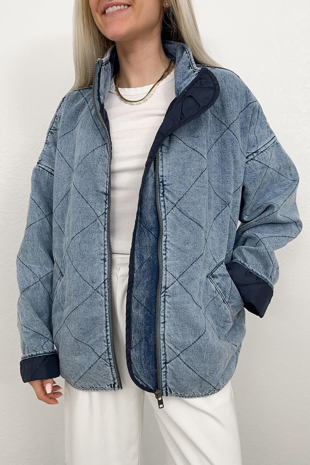 utcoco Women's Oversized Long Sleeve Denim Jacket Casual Loose Fit Zip Up Jean Quilted Jackets Coat with Pockets - Image 2