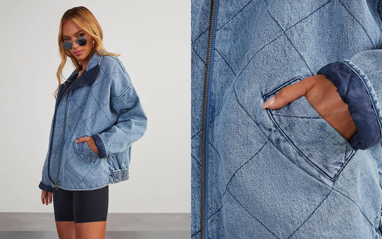 utcoco Women's Oversized Long Sleeve Denim Jacket Casual Loose Fit Zip Up Jean Quilted Jackets Coat with Pockets - Image 8