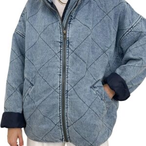 utcoco Women's Oversized Long Sleeve Denim Jacket Casual Loose Fit Zip Up Jean Quilted Jackets Coat with Pockets