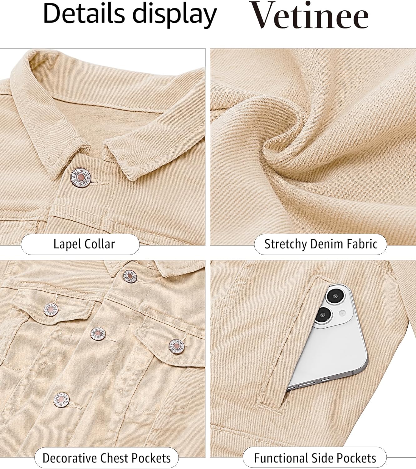 Vetinee Cropped Jean Jacket Women Trendy Button Down Lightweight Slim Fit Short Trucker Stretchy Denim Jackets Shackets - Image 5