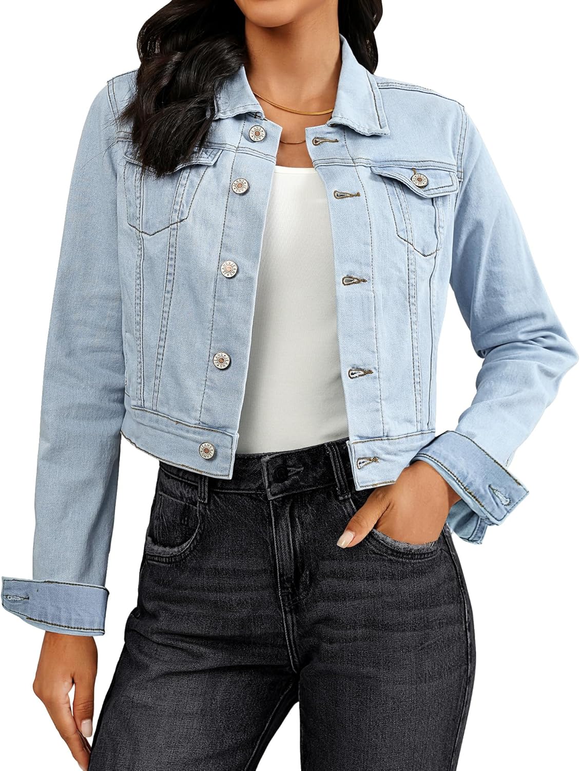 Vetinee Cropped Jean Jacket Women Trendy Button Down Lightweight Slim Fit Short Trucker Stretchy Denim Jackets Shackets - Image 8