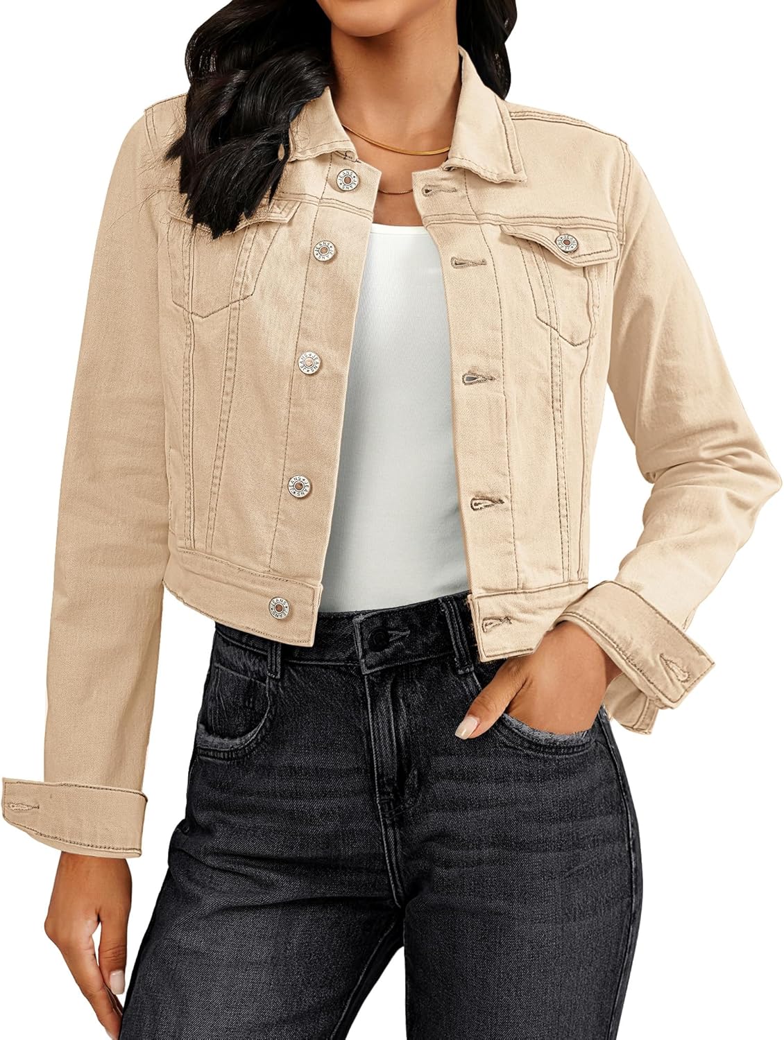 Vetinee Cropped Jean Jacket Women Trendy Button Down Lightweight Slim Fit Short Trucker Stretchy Denim Jackets Shackets