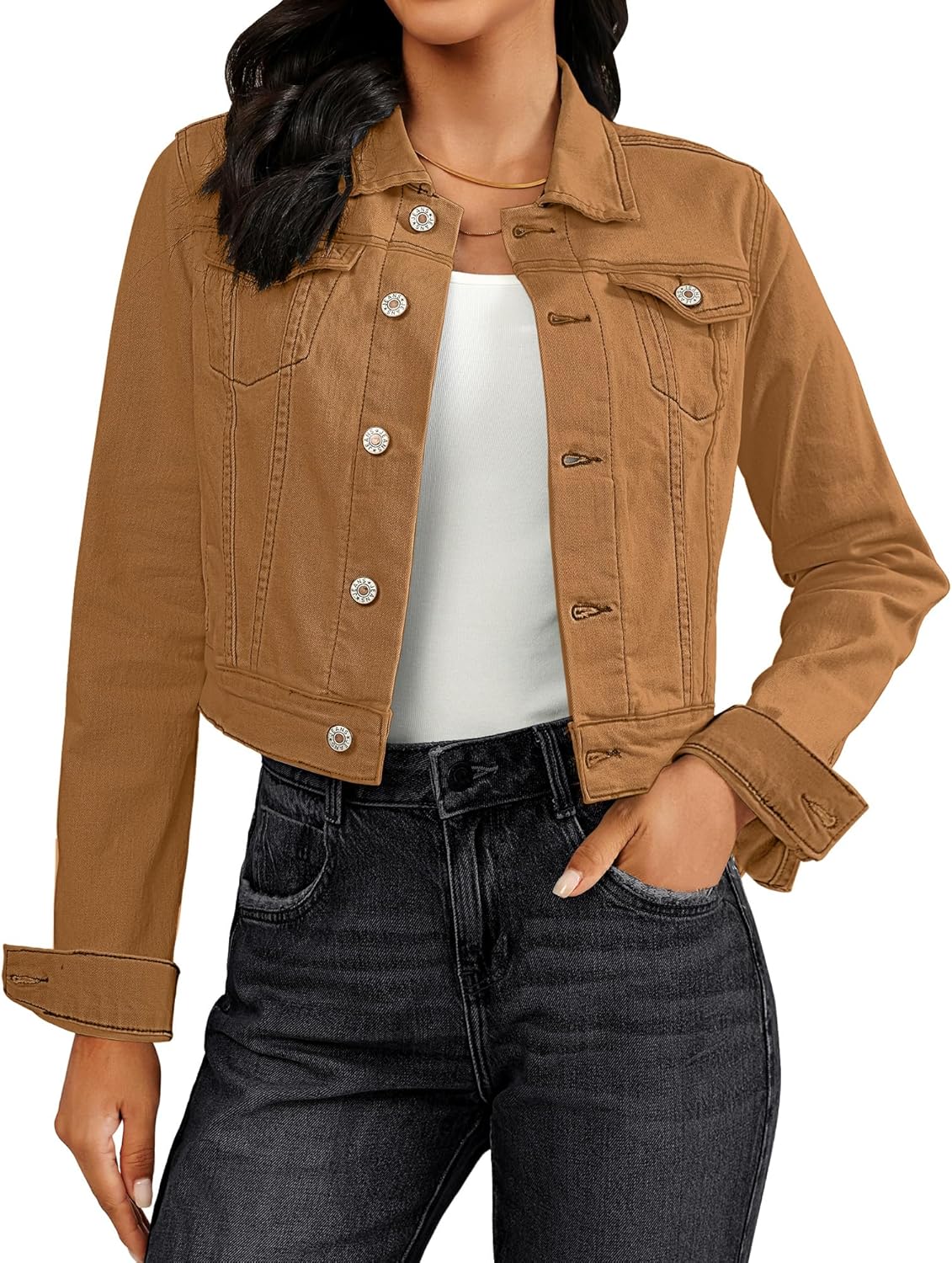 Vetinee Cropped Jean Jacket Women Trendy Button Down Lightweight Slim Fit Short Trucker Stretchy Denim Jackets Shackets - Image 7