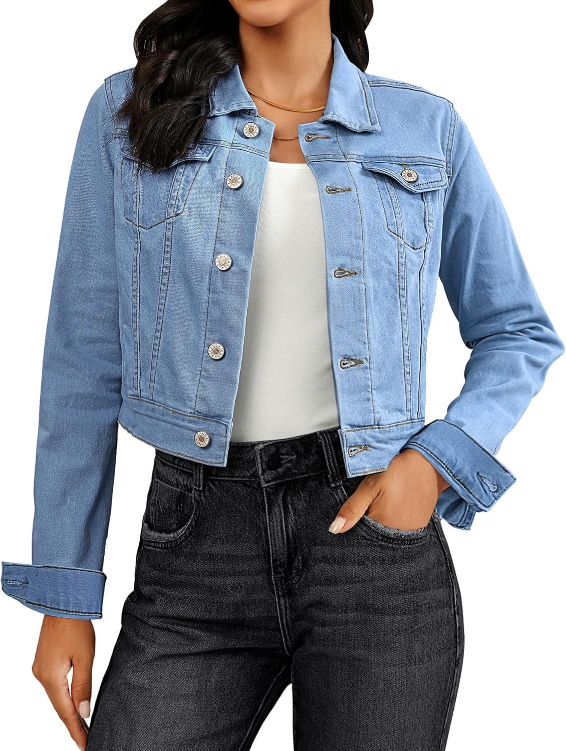 Vetinee Cropped Jean Jacket Women Trendy Button Down Lightweight Slim Fit Short Trucker Stretchy Denim Jackets Shackets - Image 10