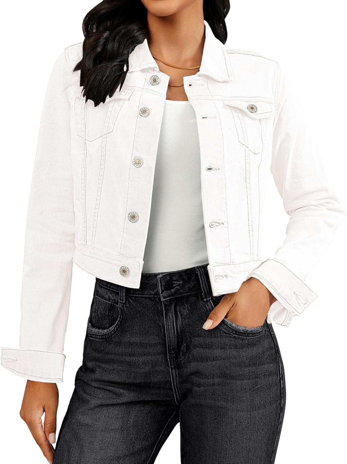 Vetinee Cropped Jean Jacket Women Trendy Button Down Lightweight Slim Fit Short Trucker Stretchy Denim Jackets Shackets - Image 9