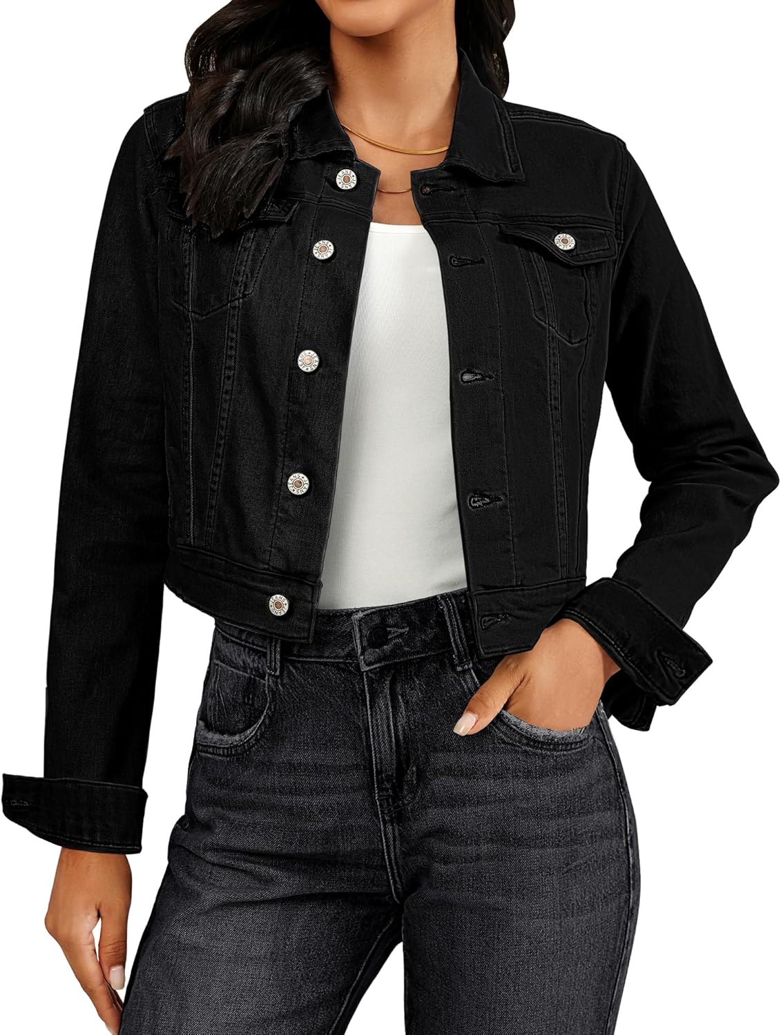 Vetinee Cropped Jean Jacket Women Trendy Button Down Lightweight Slim Fit Short Trucker Stretchy Denim Jackets Shackets - Image 11