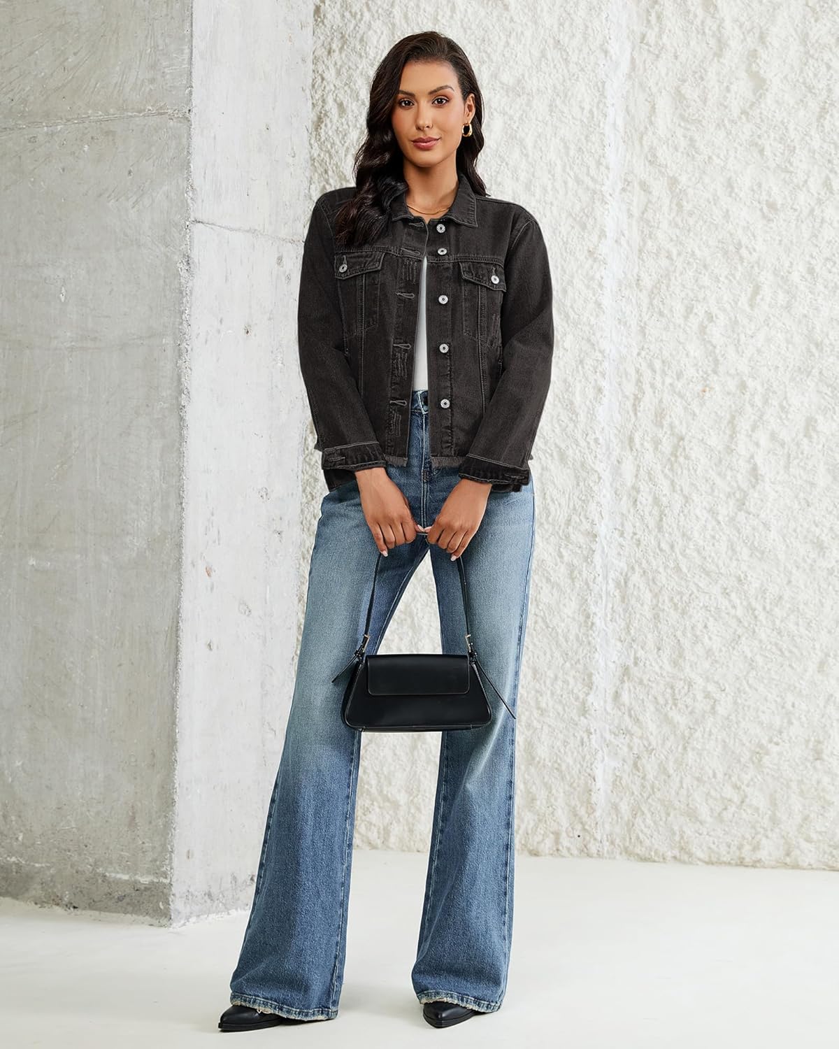 Vetinee Jean Jacket Women Trendy Button Down Long Sleeves Casual Distressed Frayed Hem Trucker Denim Jackets with Pocket - Image 7