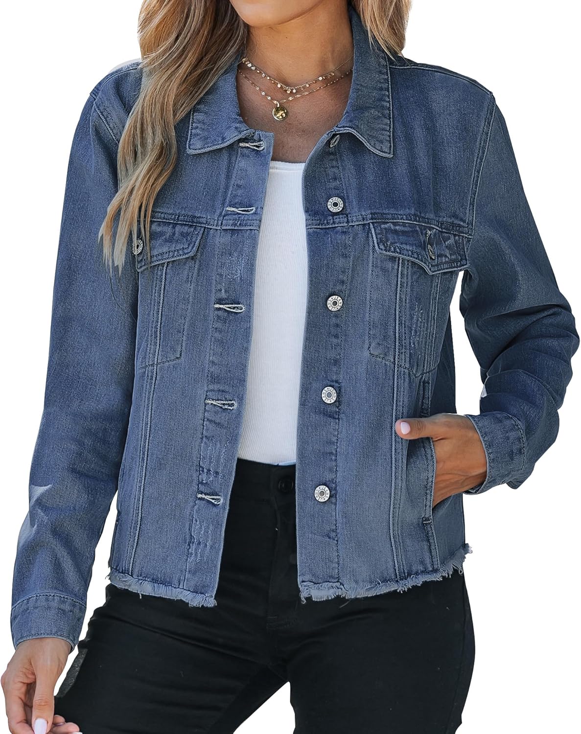 Vetinee Jean Jacket Women Trendy Button Down Long Sleeves Casual Distressed Frayed Hem Trucker Denim Jackets with Pocket - Image 10