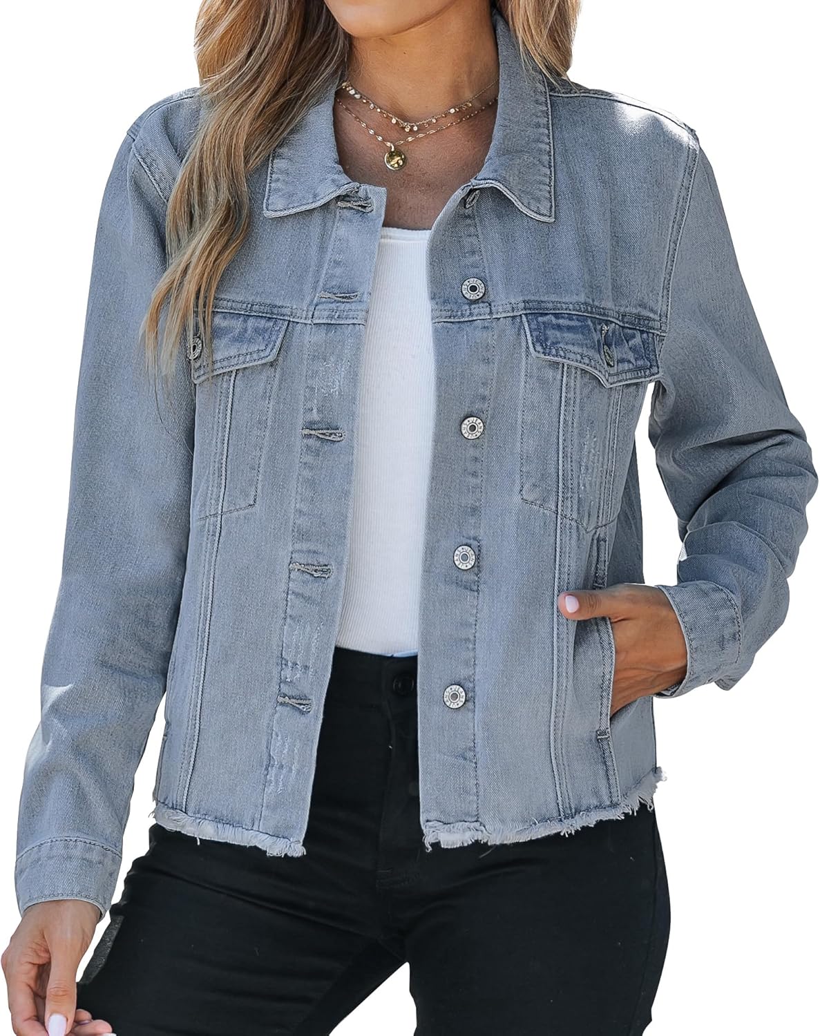 Vetinee Jean Jacket Women Trendy Button Down Long Sleeves Casual Distressed Frayed Hem Trucker Denim Jackets with Pocket - Image 13
