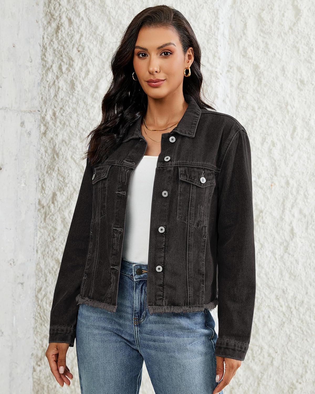 Vetinee Jean Jacket Women Trendy Button Down Long Sleeves Casual Distressed Frayed Hem Trucker Denim Jackets with Pocket - Image 8