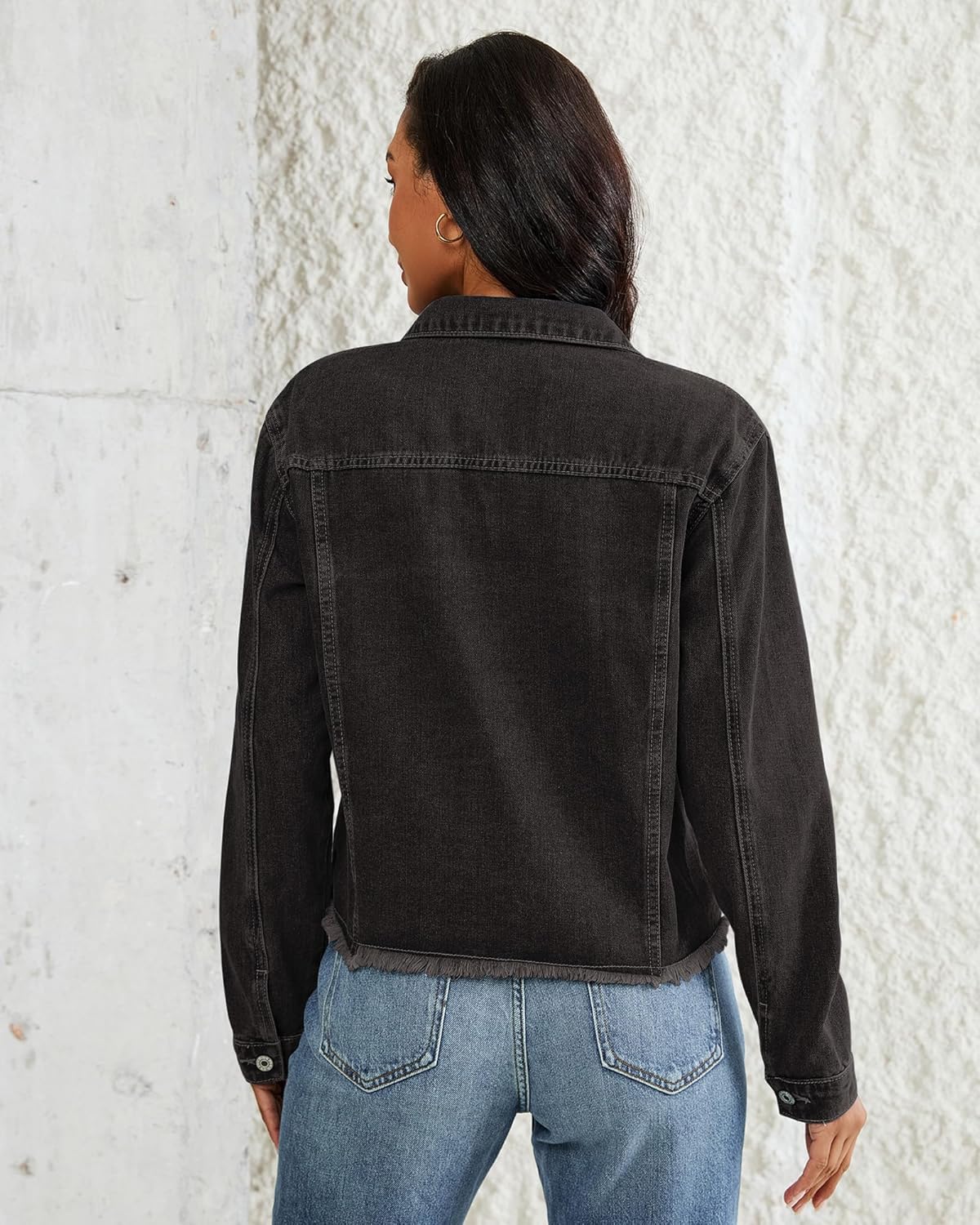 Vetinee Jean Jacket Women Trendy Button Down Long Sleeves Casual Distressed Frayed Hem Trucker Denim Jackets with Pocket - Image 2