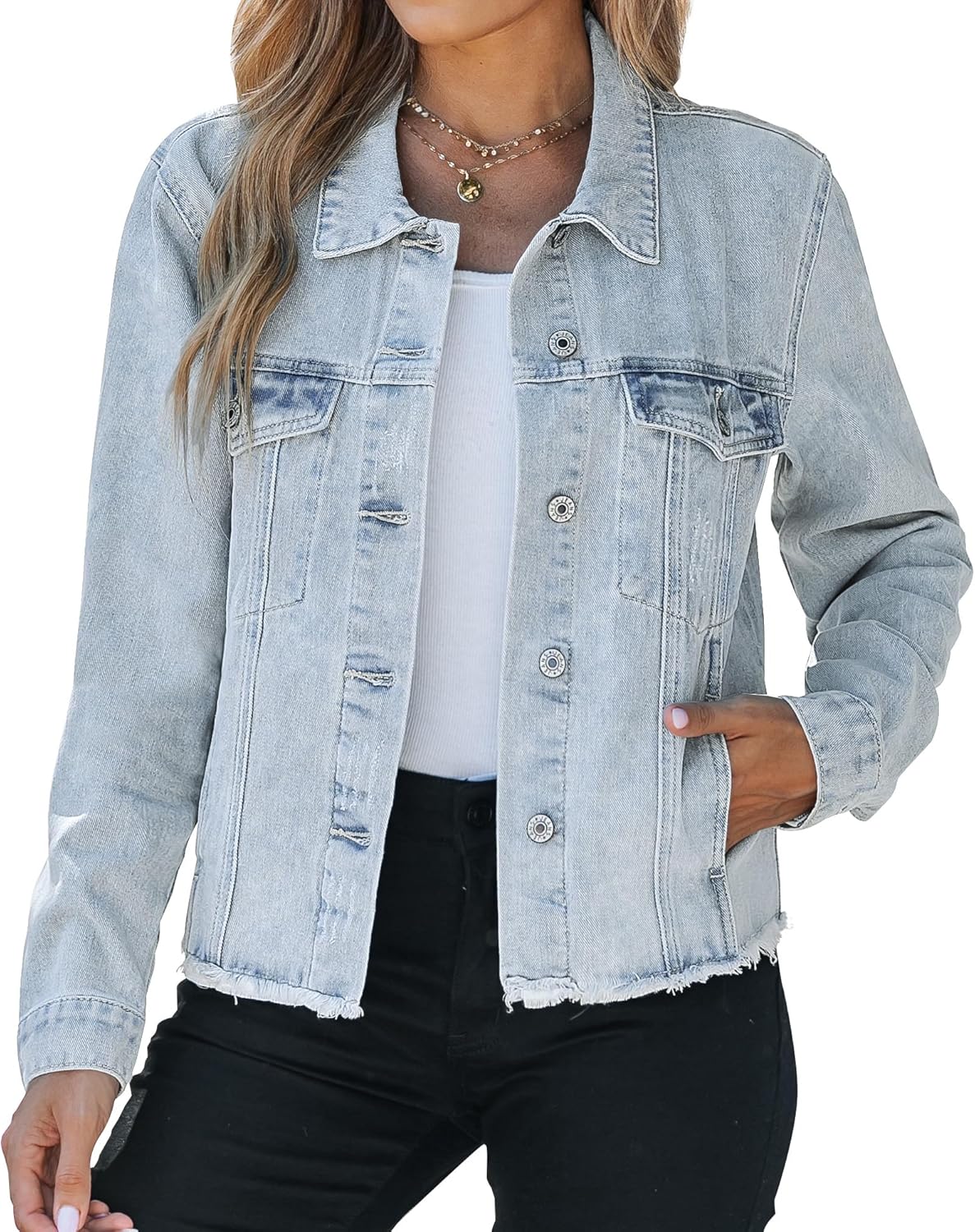 Vetinee Jean Jacket Women Trendy Button Down Long Sleeves Casual Distressed Frayed Hem Trucker Denim Jackets with Pocket - Image 9