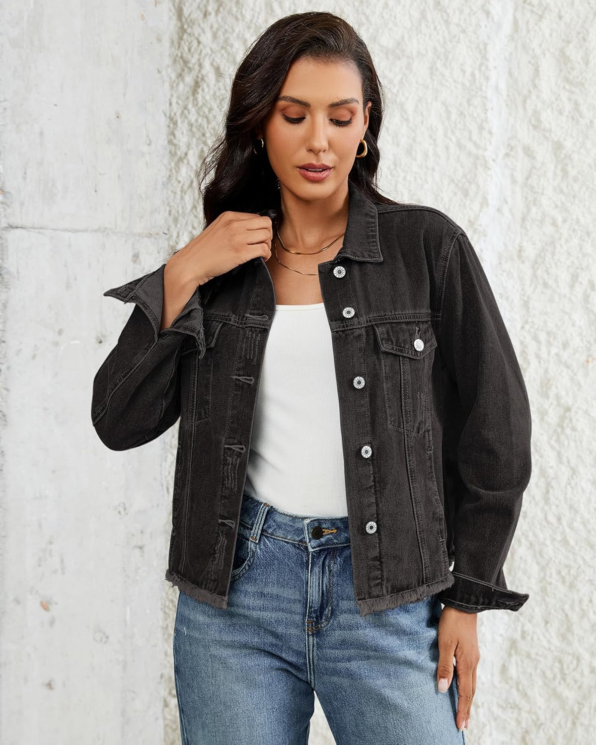 Vetinee Jean Jacket Women Trendy Button Down Long Sleeves Casual Distressed Frayed Hem Trucker Denim Jackets with Pocket - Image 4