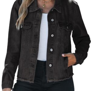 Vetinee Jean Jacket Women Trendy Button Down Long Sleeves Casual Distressed Frayed Hem Trucker Denim Jackets with Pocket