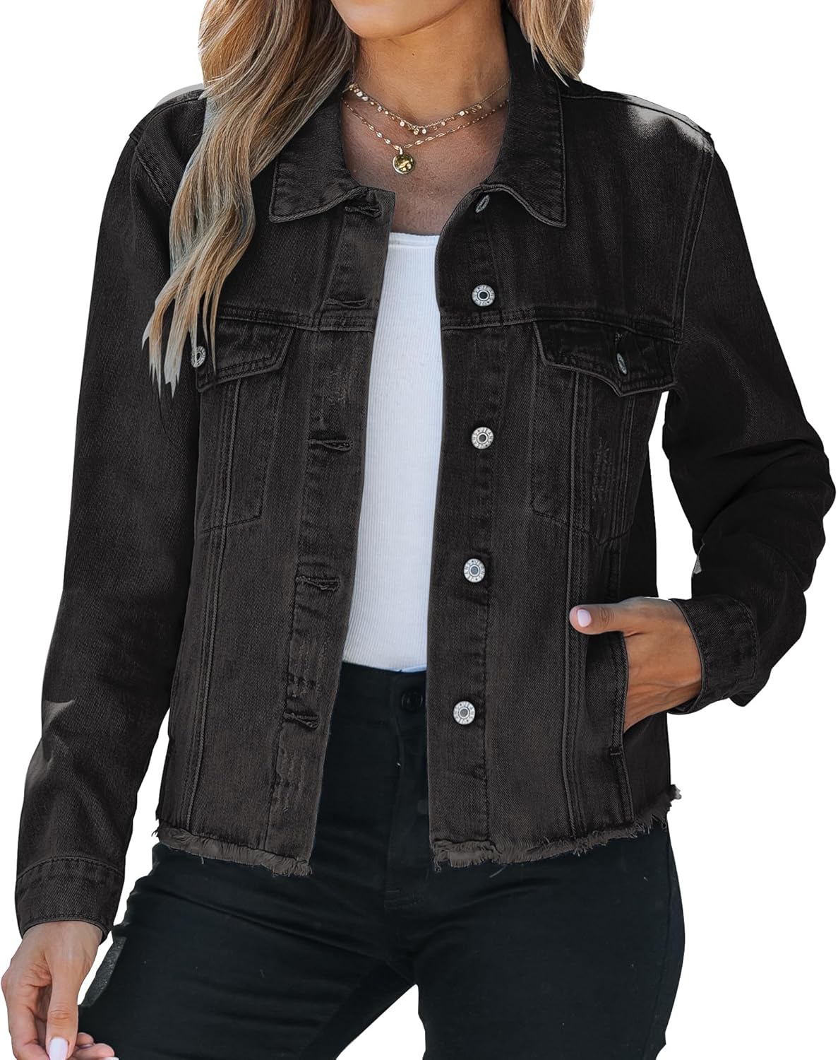 Vetinee Jean Jacket Women Trendy Button Down Long Sleeves Casual Distressed Frayed Hem Trucker Denim Jackets with Pocket