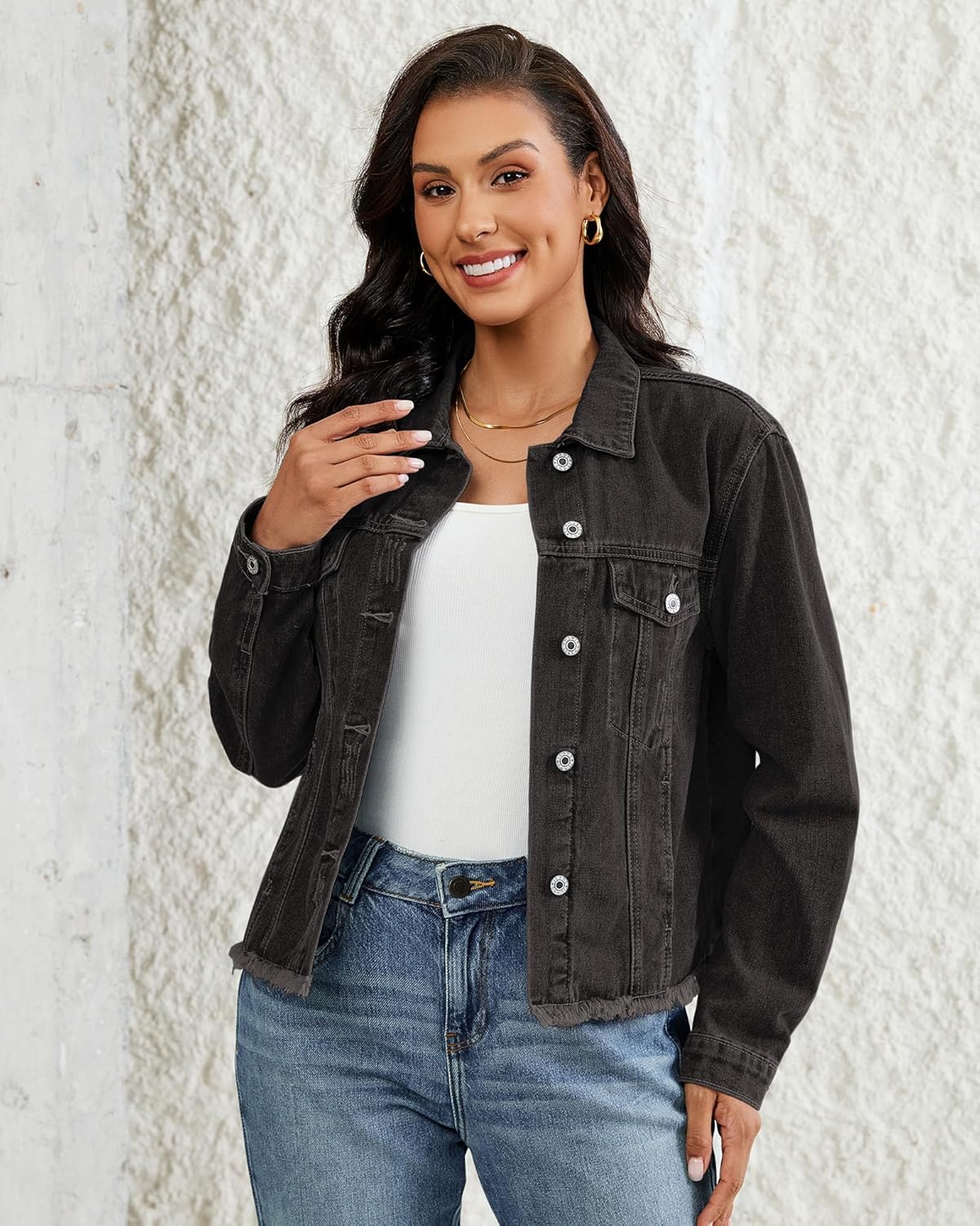 Vetinee Jean Jacket Women Trendy Button Down Long Sleeves Casual Distressed Frayed Hem Trucker Denim Jackets with Pocket - Image 3