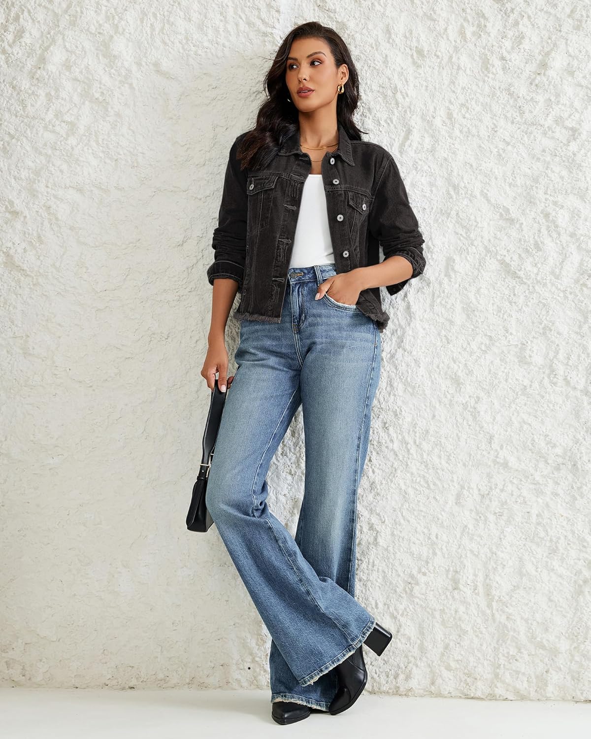 Vetinee Jean Jacket Women Trendy Button Down Long Sleeves Casual Distressed Frayed Hem Trucker Denim Jackets with Pocket - Image 6