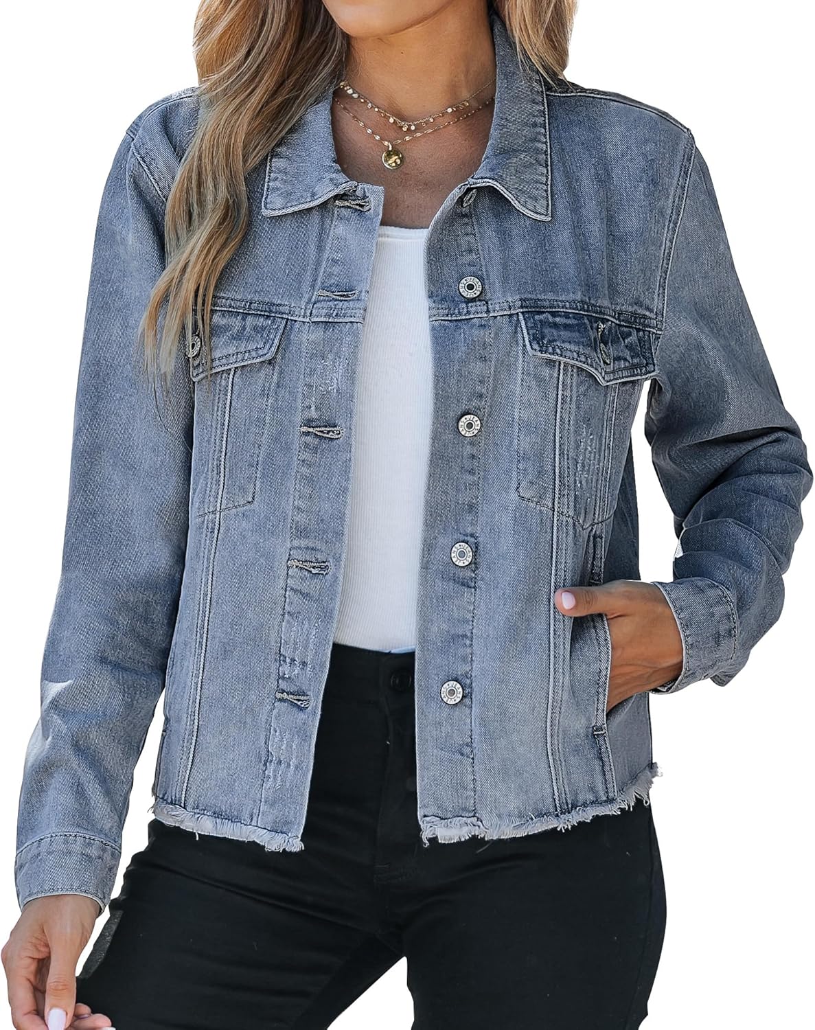 Vetinee Jean Jacket Women Trendy Button Down Long Sleeves Casual Distressed Frayed Hem Trucker Denim Jackets with Pocket - Image 11