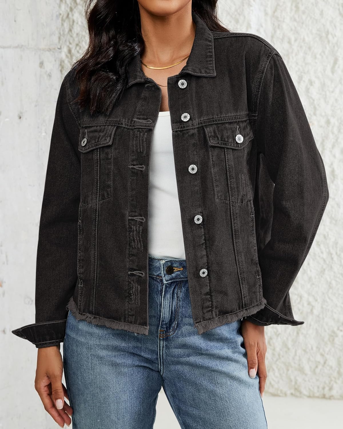 Vetinee Jean Jacket Women Trendy Button Down Long Sleeves Casual Distressed Frayed Hem Trucker Denim Jackets with Pocket - Image 5