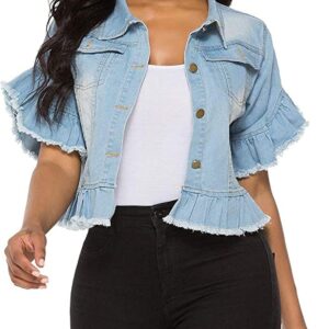 vunahzma Women's Denim Jacket Button Down Distressed Ruffle Sleeve Crop Jean Jackets Coat