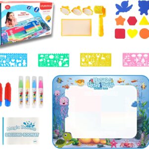 Water Doodle Mat Kids Painting Writing Color Doodle Drawing Mat Toy Bring Magic Pens Educational Toys for Age 3 4 5 6 7+ Year Old Birthday Gifts for Kids Toddler Boys Girls(Blue)