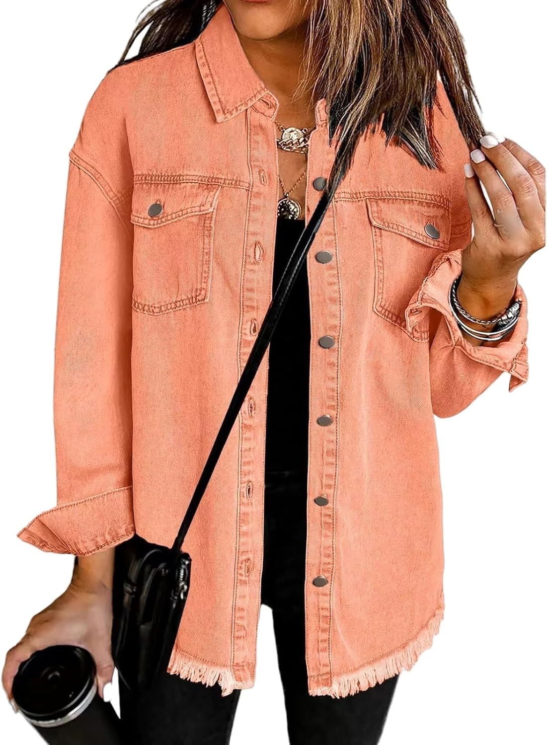 Weinexra Denim Jacket for Women Oversized Boyfriend Jean Jacket Button Up Frayed Hem Shacket Distressed Ripped Denim Jackets - Image 13