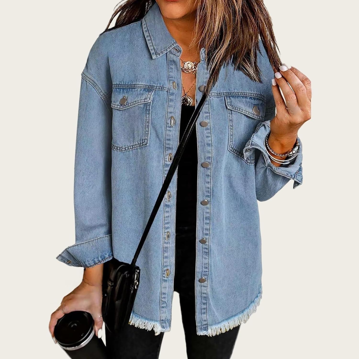 Weinexra Denim Jacket for Women Oversized Boyfriend Jean Jacket Button Up Frayed Hem Shacket Distressed Ripped Denim Jackets - Image 3