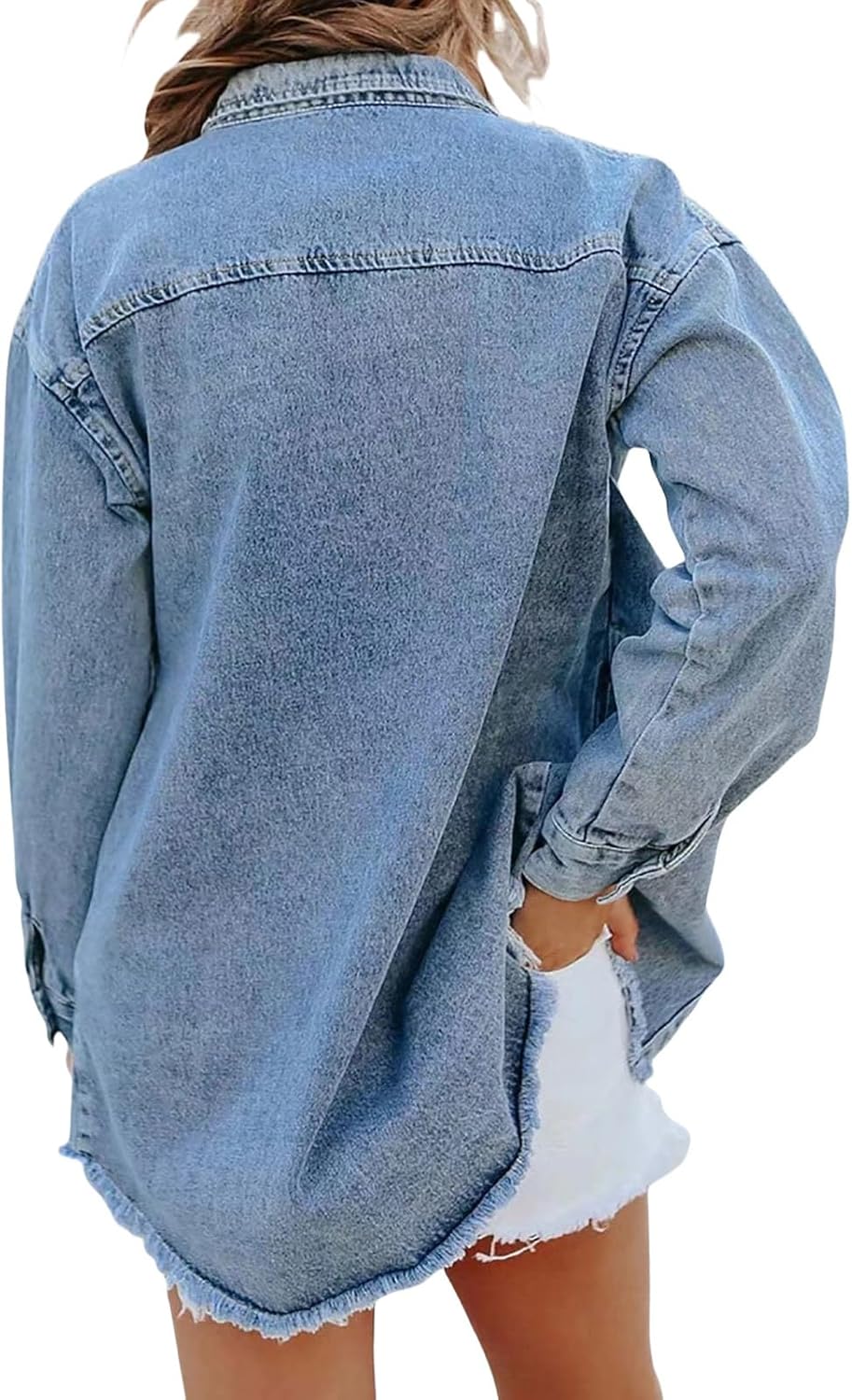 Weinexra Denim Jacket for Women Oversized Boyfriend Jean Jacket Button Up Frayed Hem Shacket Distressed Ripped Denim Jackets - Image 4