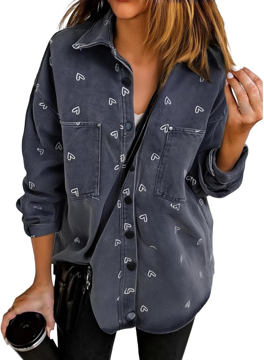 Weinexra Denim Jacket for Women Oversized Boyfriend Jean Jacket Button Up Frayed Hem Shacket Distressed Ripped Denim Jackets - Image 9