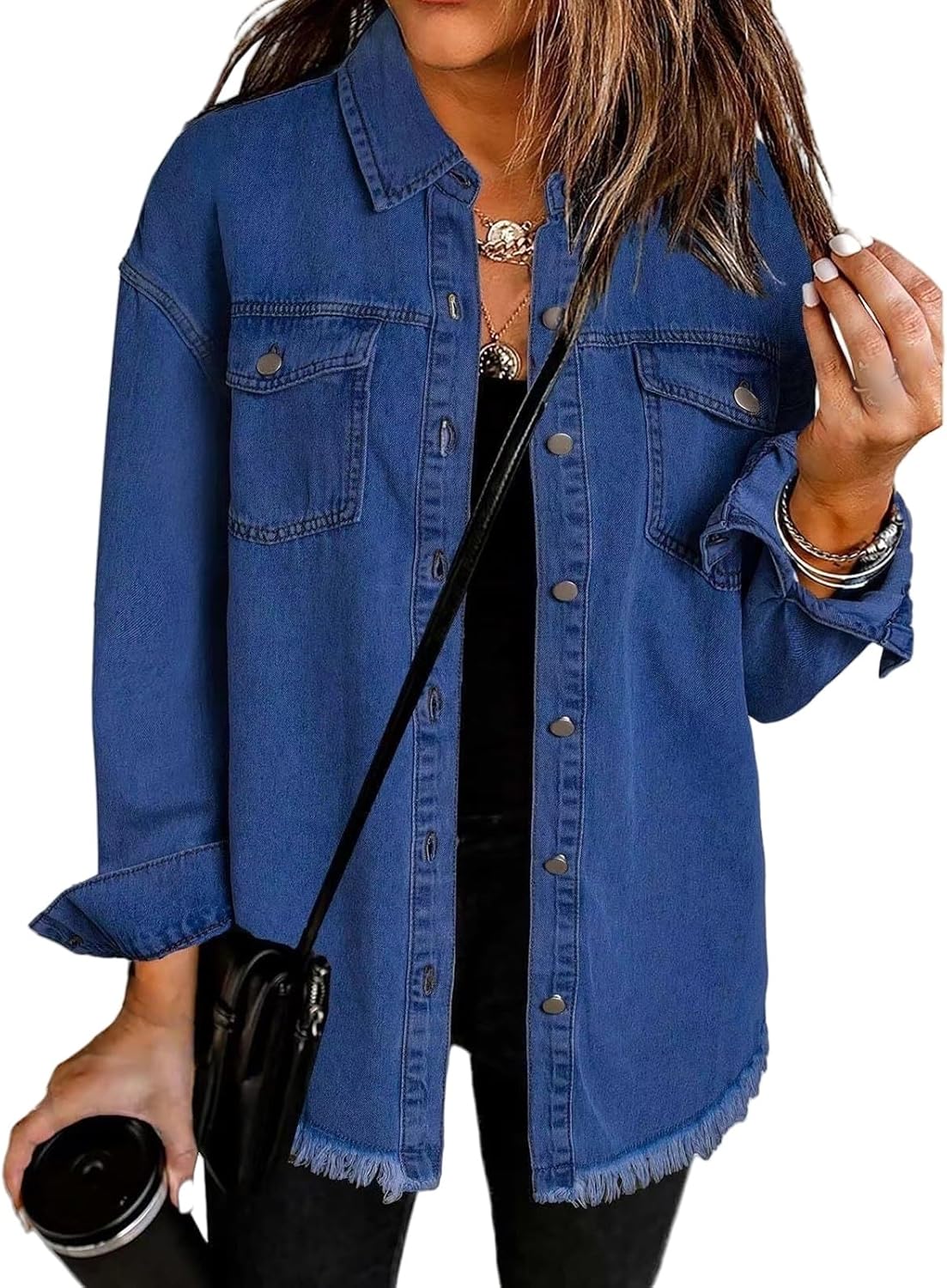 Weinexra Denim Jacket for Women Oversized Boyfriend Jean Jacket Button Up Frayed Hem Shacket Distressed Ripped Denim Jackets - Image 18