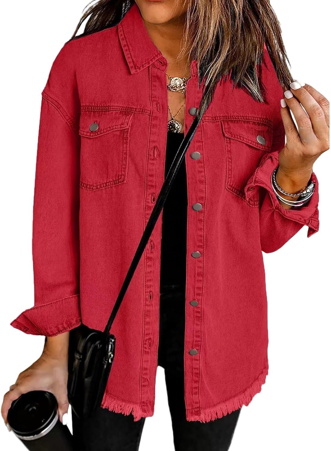 Weinexra Denim Jacket for Women Oversized Boyfriend Jean Jacket Button Up Frayed Hem Shacket Distressed Ripped Denim Jackets - Image 14