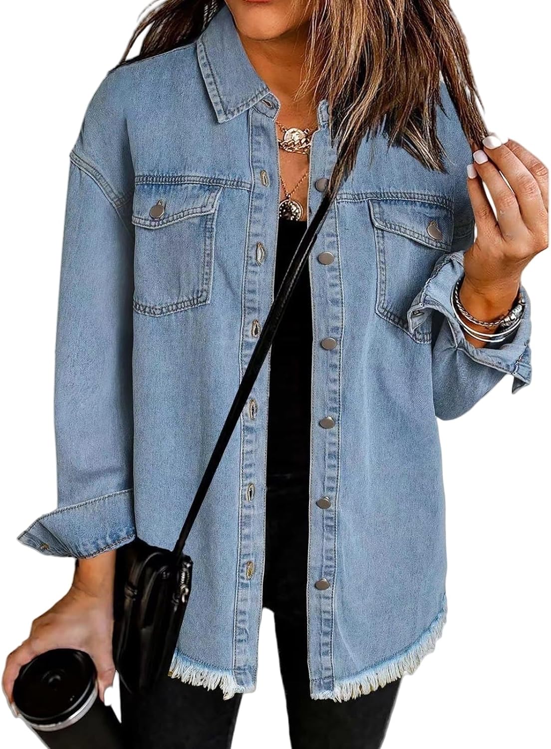 Weinexra Denim Jacket for Women Oversized Boyfriend Jean Jacket Button Up Frayed Hem Shacket Distressed Ripped Denim Jackets - Image 2