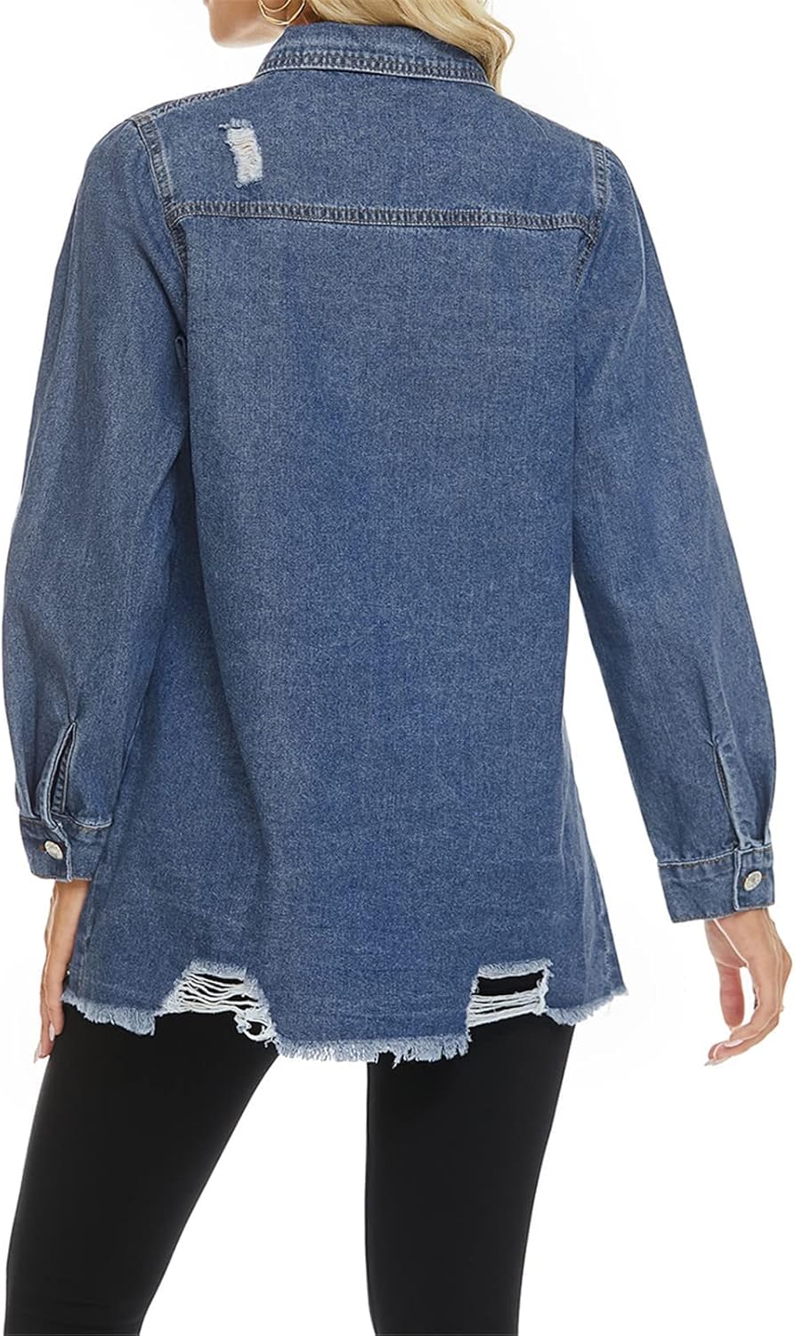 Women Denim Shirt Jacket Long Sleeve Shacket Coat Distressed Washed Ripped Frayed Hem Jean Jacket - Image 3