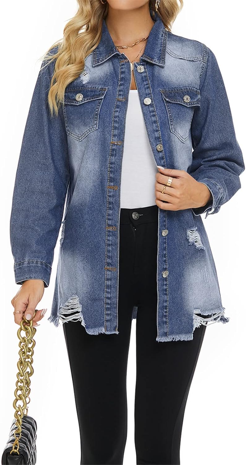 Women Denim Shirt Jacket Long Sleeve Shacket Coat Distressed Washed Ripped Frayed Hem Jean Jacket - Image 2
