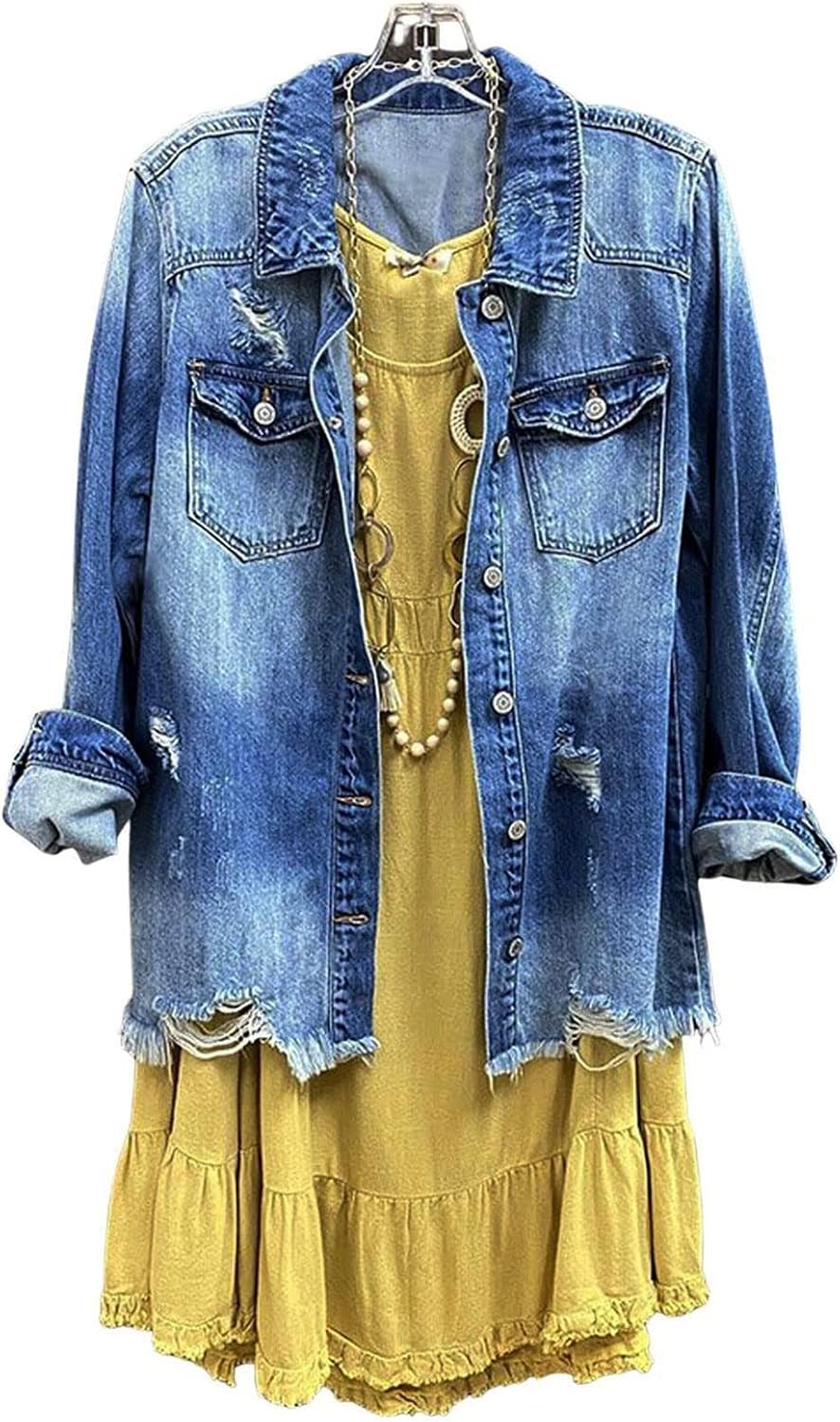 Women Denim Shirt Jacket Long Sleeve Shacket Coat Distressed Washed Ripped Frayed Hem Jean Jacket