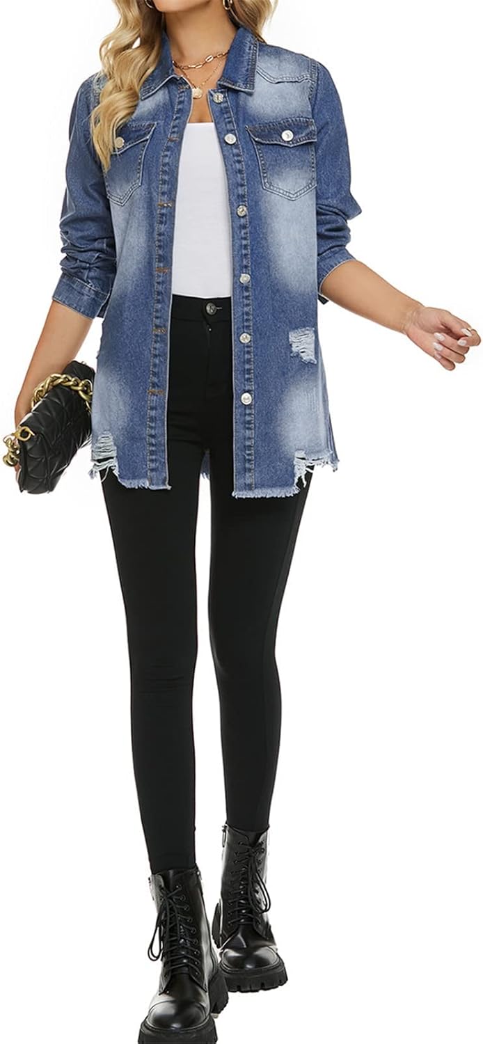 Women Denim Shirt Jacket Long Sleeve Shacket Coat Distressed Washed Ripped Frayed Hem Jean Jacket - Image 5