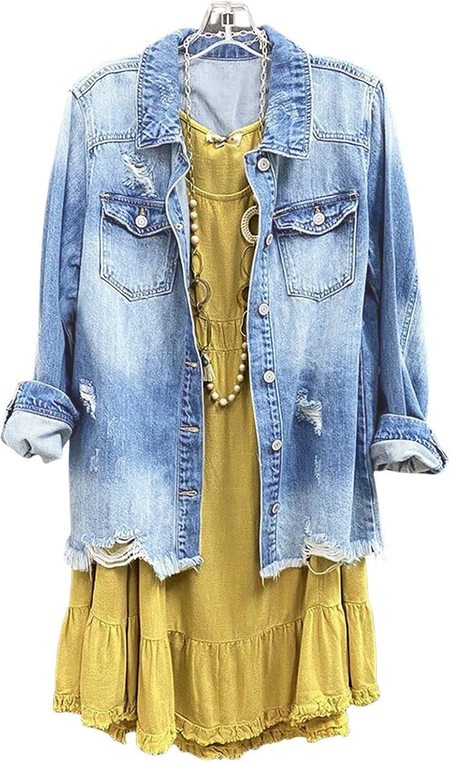 Women Denim Shirt Jacket Long Sleeve Shacket Coat Distressed Washed Ripped Frayed Hem Jean Jacket - Image 7