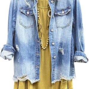 Womens Denim Ripped Distressed Button Down Mid Long Casual Jean Jackets