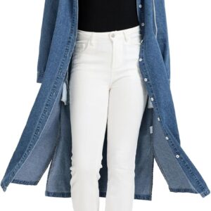 Women's Long Denim Jackets Maxi Trench Coat Jean Jacket with Drawstring Detachable Hoodie