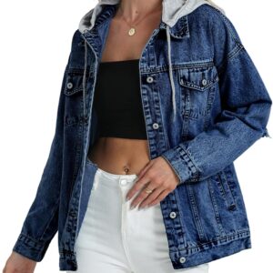 Women's Oversized Denim Jacket Long Distressed Ripped Trucker Jean Jackets Coat With Detachable Hood