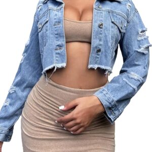 Women's Ripped Short Jean Jacket frayed Casual Denim Jacket Tops