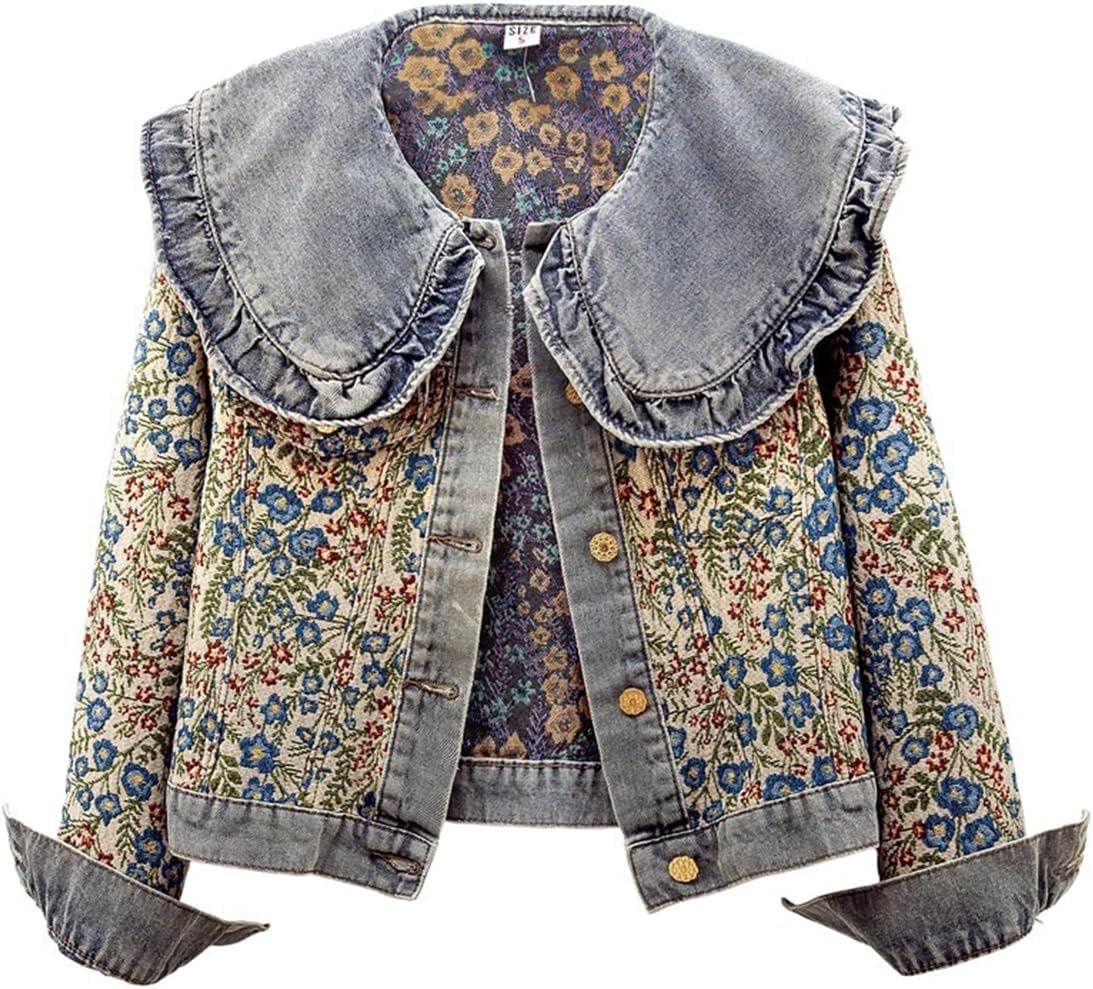 Xaspee Womens Peter Pan Collar Cropped Jean Jacket Embroidered Jacquard Long Sleeve Casual Floral Denim Jackets Coat