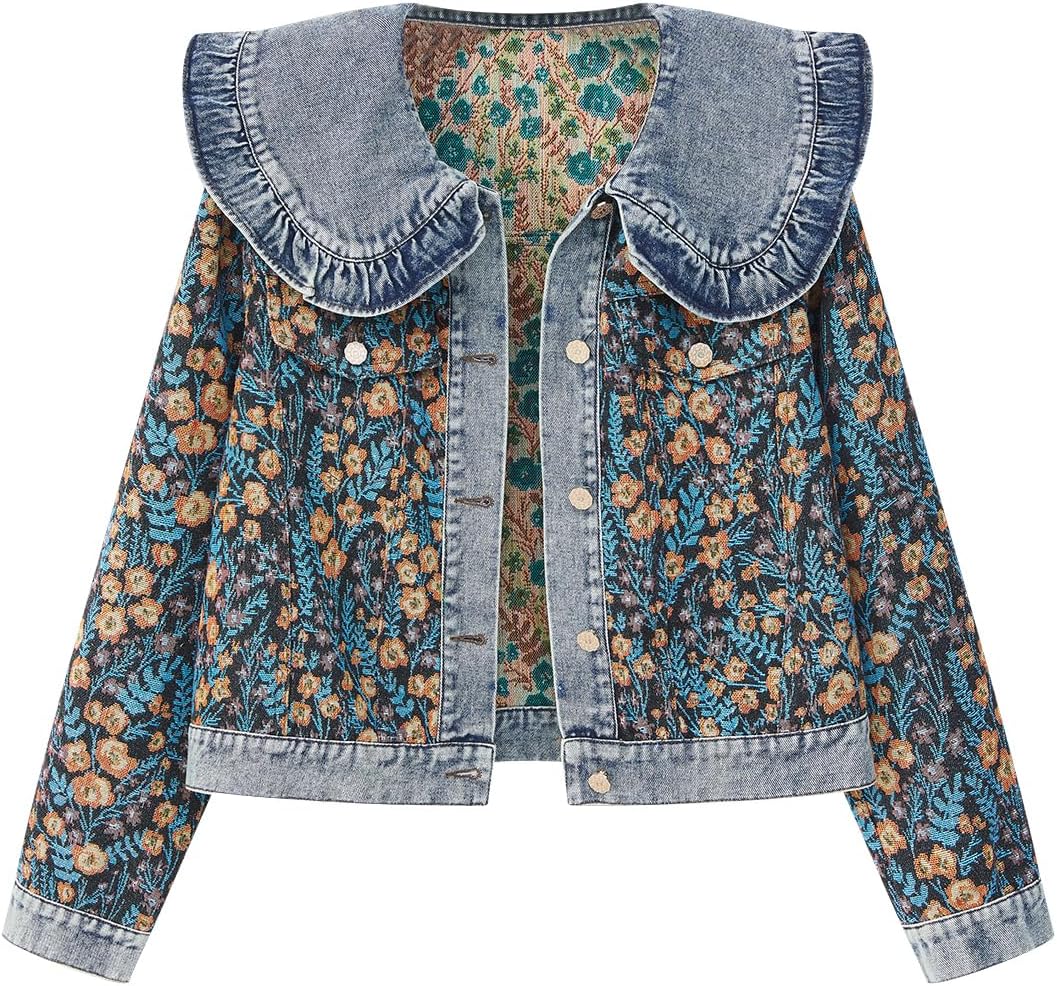 Xaspee Womens Peter Pan Collar Cropped Jean Jacket Embroidered Jacquard Long Sleeve Casual Floral Denim Jackets Coat - Image 5