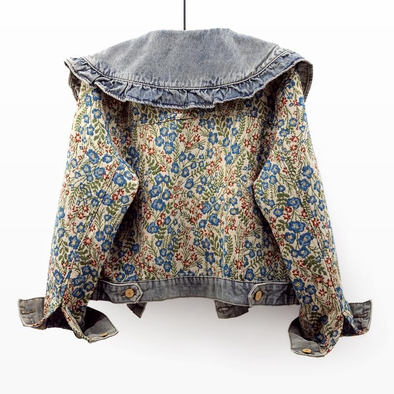 Xaspee Womens Peter Pan Collar Cropped Jean Jacket Embroidered Jacquard Long Sleeve Casual Floral Denim Jackets Coat - Image 2
