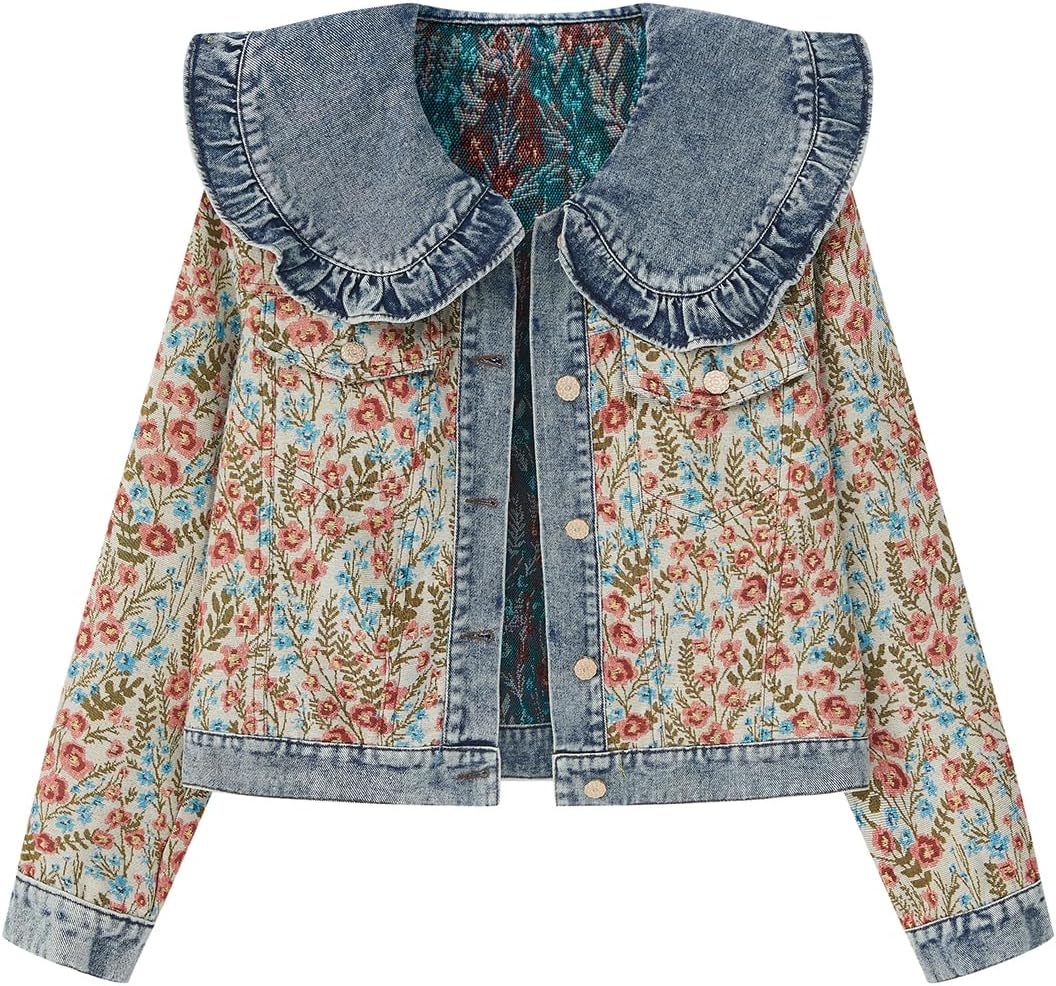 Xaspee Womens Peter Pan Collar Cropped Jean Jacket Embroidered Jacquard Long Sleeve Casual Floral Denim Jackets Coat - Image 7